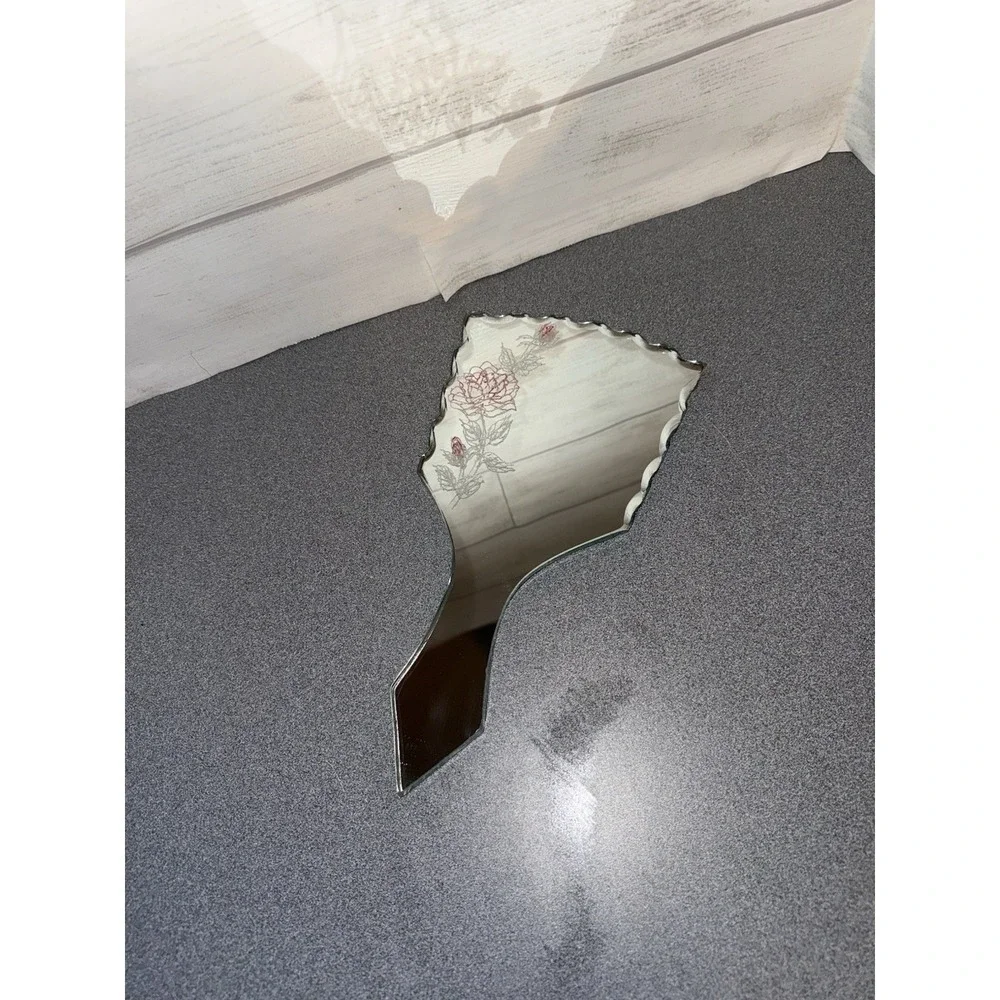 Vintage Frameless Art Deco Hand Mirror ~ Beveled Edge Rose Etching Regency